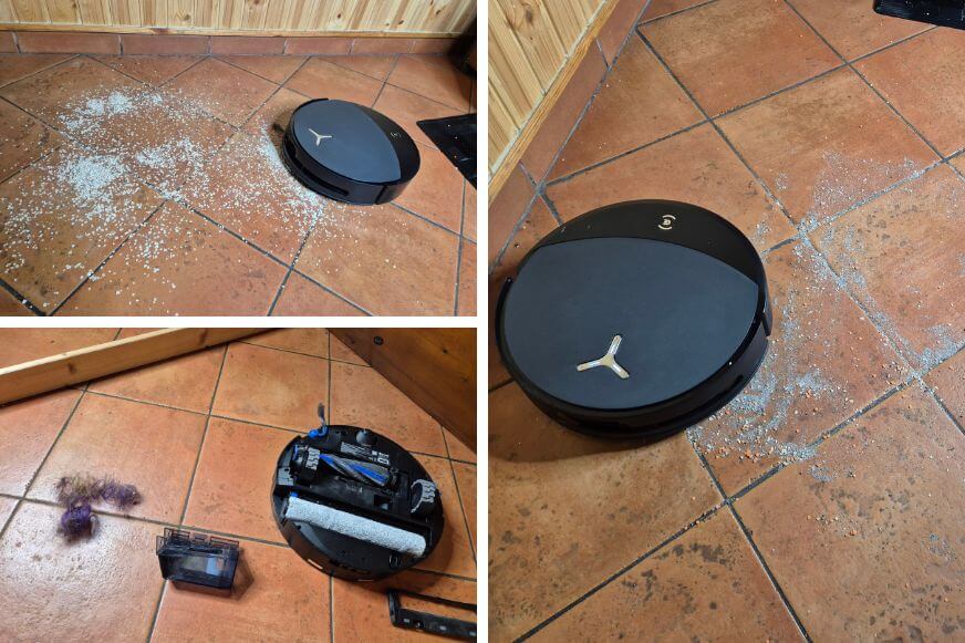 ECOVACS DEEBOT T90 PRO OMNI beim Saugtest auf Hartboden mit Haferflocken, Haaren und Sand